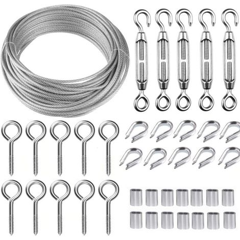 Kit di cavi in acciaio inossidabile da 30 m/2 mm con tenditore per cavi M5 per impieghi gravosi, kit di rotoli di filo per recinzione, kit di ringhiere in cavo, tenditori per cavi da giardino per pian (1/4)