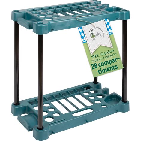 Support Rangement Outils Jardin - 28 Compartiments - Plastique Robuste - Organisation Balais et Bêches - Pour Garage et Abri - 61x58x31cm Vert/Noir (1/5)