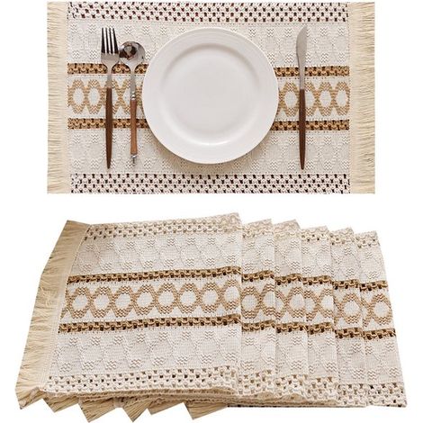 Platzsets 6 Stück Gewebt Fransen Waschbar Rutschfest Untersetzer Tischset 30 × 50 cm Beige (1/5)