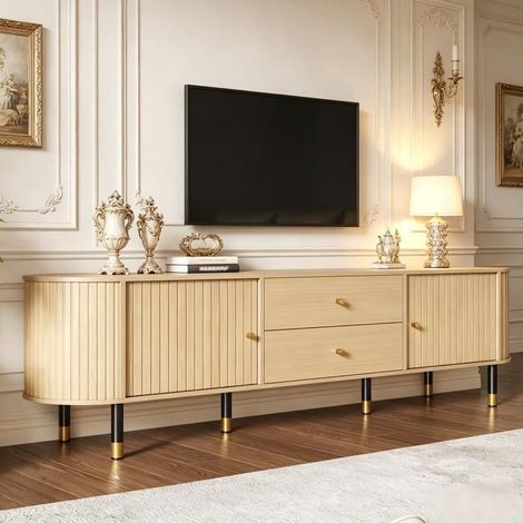 Chaise 180 x 40 x 58 cm meuble tv bas forme ovale portes coulissantes deux tiroirs aspect bois (1/5)