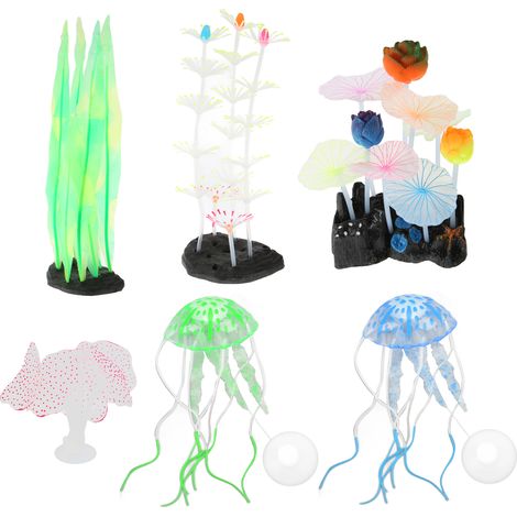 Lot de 6 décorations lumineuses pour aquarium : imitations en silicone (varech, lotus argenté, feuille de lotus, plume, corail, méduse). (1/5)