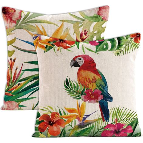 Ensemble de 2 housses de coussin décoratives à motifs floraux tropicaux (fleurs, palmiers, feuilles, flamants roses, perroquets, oiseaux), format carré standard 45 x 45 cm, style aquarelle estivale. (1/5)