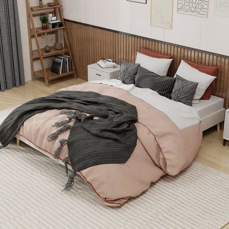 Letto in tessuto e metallo beige 160x200 cm con rete a doghe e testiera dal design geometrico (1/5)