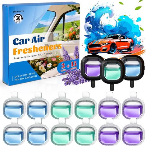 Car Scent, Car Air Freshener, Good Car Smell 3 Clips + 12 Car Refills - Marine Breeze and Lavender - Removes Odours and Refreshes the Interior (1/5)