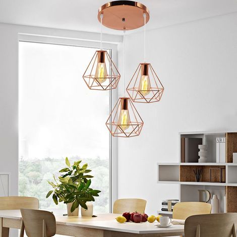 – Suspension luminaire vintage cage diamant métal 3 lumières E27 20cm – Finition galvanoplastie anti-corrosion – Lustre rétro or rose (1/5)