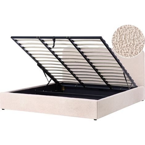 Bed Frame Beige Bocule Fabric Upholstery EU Super King Size 6ft Lift Up Storage with Headboard and Slatted Base NANTERRE (1/5)
