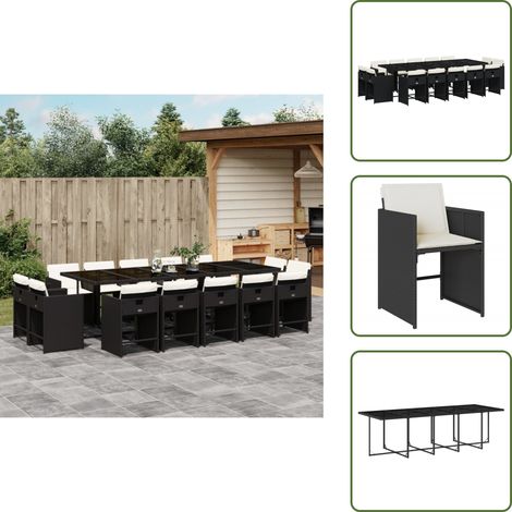 Mesa de jardín - vidaXL Set comedor de jardín con cojines 15 pzas ratán sintético negro - Ratán sintético