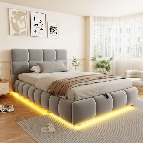 Letto imbottito 90 x 200 cm con striscia luminosa, testiera e sponde dal design voluminoso e solido, dotato di funzione di stivaggio idraulico, tessuto in velluto, grigio (1/5)