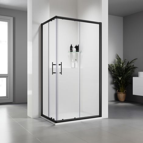 ELEGANT Sliding Corner Entry Shower Enclosure 6mm Tempered Glass 1000x800mm Black Aluminium Frame with SMC Tray + Waste Trap (1/5)