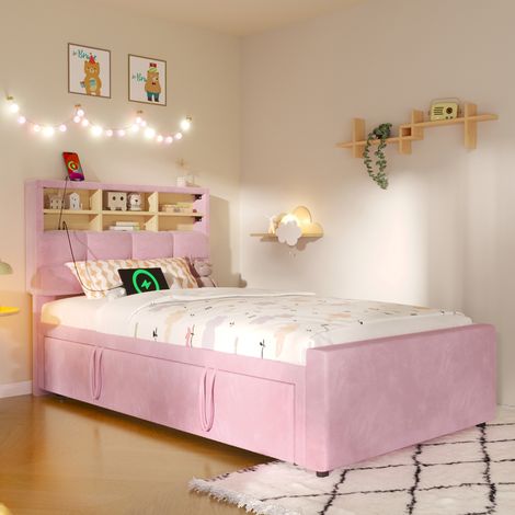 Lit banquette extensible 90x200 à 180x200 cm, lit gigogne avec port USB-C et niche de rangement ouverte, en velours, pour salon ou chambre - Rose (1/5)