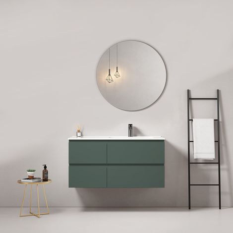 Mobile bagno sospeso 100 cm Verde Comodoro Lavabo a Destra in Ceramica Specchio Tondo - Fiji Paint