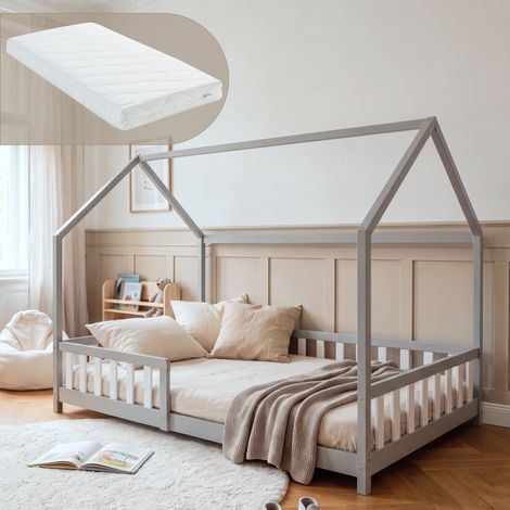 Hausbett Hesel mit Matratze und Rausfallschutz 120x200 cm Grau/Weiß [en.casa] (1/5)