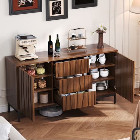Aparador de 150 cm con 3 cajones, 2 estantes regulables, diseño estriado, madera oscura HAVRYA (1/5)