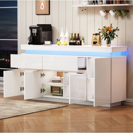 Credenza 140x35x72.5 cm, con 2 cassetti, 4 ante, illuminazione LED, pannello truciolare, bianco (1/5)