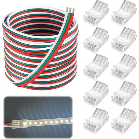 Lot de 10 Connecteur Ruban LED 3 Broches 10mm avec 5m 12V/24V DC Câble d'Extension de Bande LED, Fil de Cuivre 22AWG 5A Flexible Câble avec Raccords pour WS2812B WS2811 Famille Commercial (1/5)