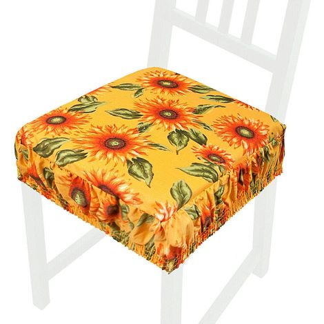 Cuscino Sedia Cotone Sfoderabile Lavabile Fascia Elastica Coprisedia Girasoli 100% Made In Italy - Giallo