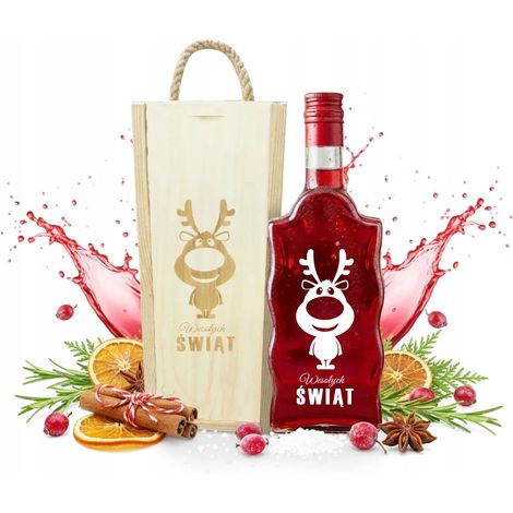 CAJA DE MADERA + BOTELLA WAVE con ESTAMPADO DE RENOS REGALO DE NAVIDAD (1/5)