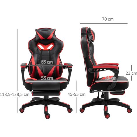 Ergonomischer Bürostuhl, Gaming Stuhl, Drehstuhl mit einziehbare Fußstütze und verstellbarer Rücken Schaumstoff+PU-Leder+Metall, Schwarz+Rot, 65 x 70 x 118,5-128,5 cm (1/5)