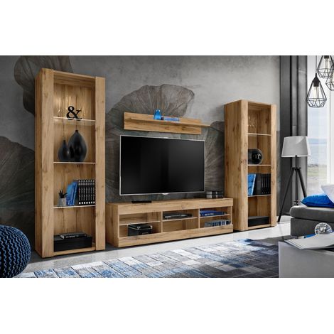 Ensemble de meubles de salon Tivoli Grande – Panneaux laminés résistants – Largeur 250 cm x Hauteur 159 cm x Profondeur 35 cm – 3 étagères en verre