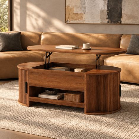 Table basse relevable avec rangement caché et portes coulissantes, 110 x 55 x 55 cm, MDF noyer (1/5)