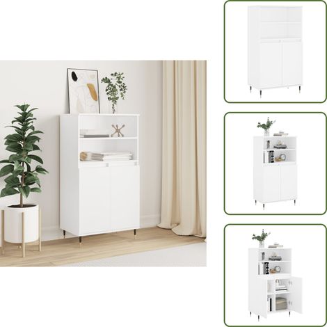The Living Store Buffet haut Blanc 60x36x110 cm Bois d'ingénierie - Buffet Design Industriel - Meuble Rangement Blanc - Armoire Cuisine - Commode Salon - Étagère Ouverte