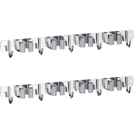 Porta scope da parete, 2 pezzi, porta scope e mocio da parete, portautensili in acciaio inox, organizer per attrezzi da giardino, 4 staffe e 5 ganci (argento) (1/5)