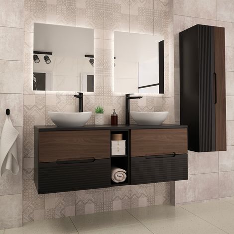 Conjunto de muebles con doble lavabo 140cm compartimiento y columna Sylla Negro y madera (1/4)