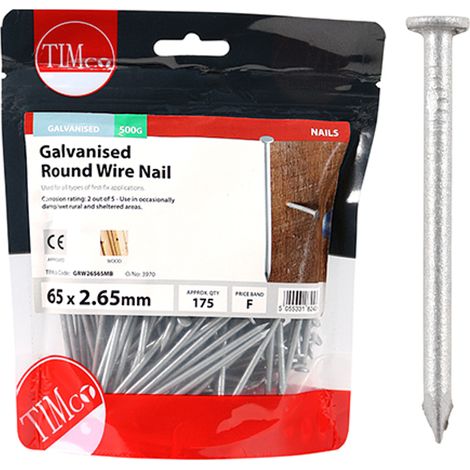 Timco Galvanised Round Wire Nails - 65 x 2.65mm (500g Bag) (1/3)