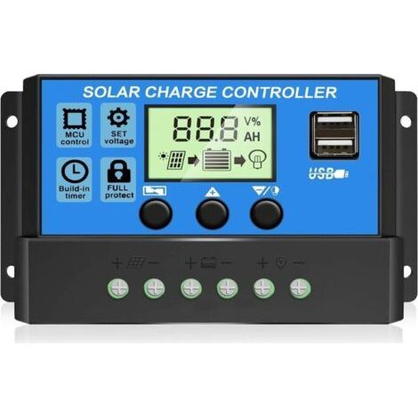 30A PWM Solar Charge Controller, 12V/24V Solar Panel Regulator with Adjustable LCD Display, Dual USB Port, Timer Setting, Auto Setting (Blue) (1/5)