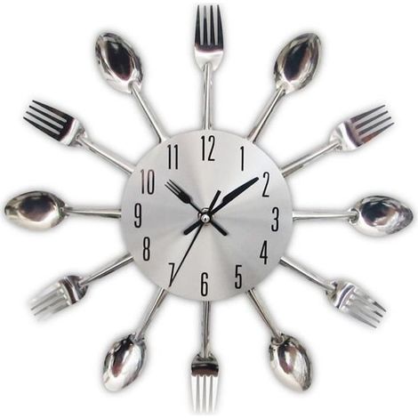 Horloge de cuisine effet miroir en forme de cuillère, fourchette, couverts, Parfait pour décoration de la maison 32324CM (1/4)