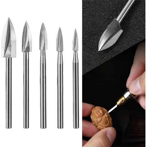 Lot de 5 Forets de Gravure en Acier Rapide, Outils de Sculpture sur Bois et Travaux Manuels, Outil de Travail du Bois avec Tige de 1/8 Pouces, Fixation Universelle pour Outils Rotatifs (1/4)
