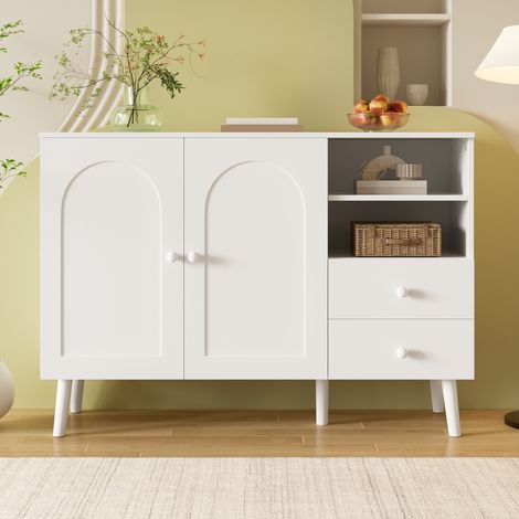 Credenza moderna 118x35x82 cm con 2 ante ad arco e 2 cassetti madia per soggiorno sala da pranzo ingresso con piedini in legno bianco (1/5)