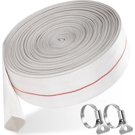 32 mm Flat Fabric Discharge Hose with 2 Clips, PVC Fire Hose, Industrial Water Pipe for Submersible Pumps, Water Pumps, Swimming Pools, Sumps, Pond Drainage, Garden Irrigation (White) (1/5)