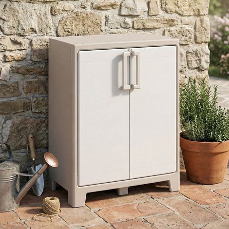 Dmora - Gartenschrank Grimsby, Gartenmöbel, Mehrzweck-Gartenschrank, Container für Balkon oder Garage, Made in Italy, 80x44 h100 cm, Sand