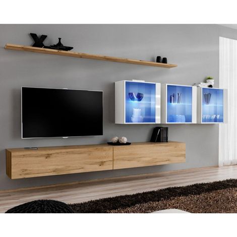 Meuble TV Mural Design "Switch XVII" 340cm Naturel & Blanc (1/4)
