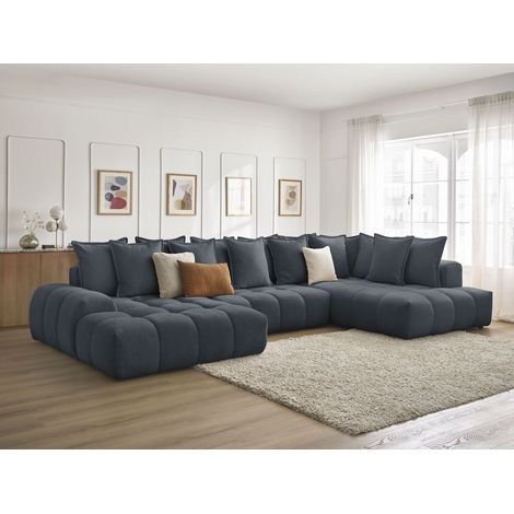 BOBOCHIC - Canapé panoramique convertible coffre EVEREST tissu texturé Angle gauche Bleu foncé (1/5)