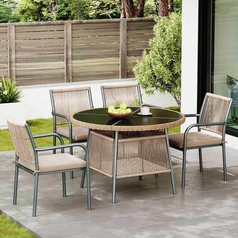 Salon de jardin 5 pièces gris, table ronde 110 cm en verre trempé et rotin PE, 4 fauteuils avec coussins, structure en fer, mobilier extérieur pour terrasse balcon jardin (1/4)