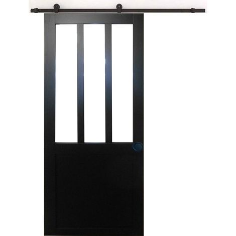 Porte Coulissante Atelier Noir H204 X L83 + Rail À Roulettes Et 2 Coquilles Noir (1/3)