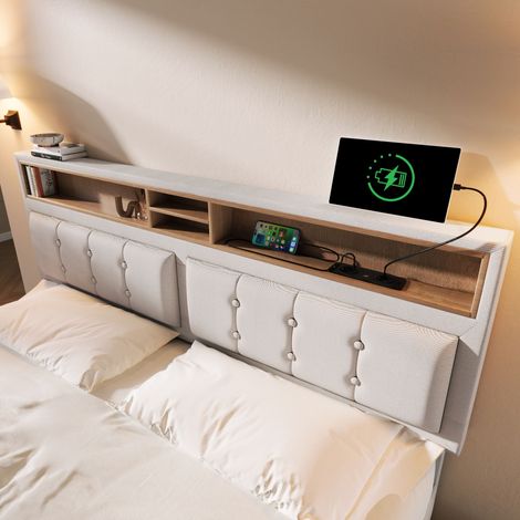 Lit double avec 4 tiroirs et prise de charge USB C, lit rembourré 140x200cm, tête de lit réglable en hauteur, sommier à lattes en bois (sans matelas)