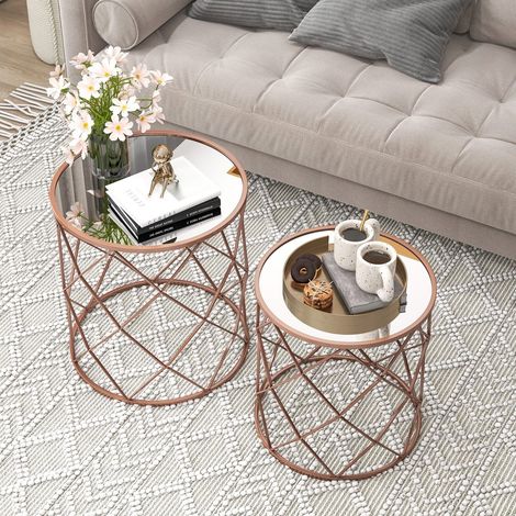 Set of 2 Stackable Round End Table Modern Space Saving Side Table W/Mirrored Top (1/5)