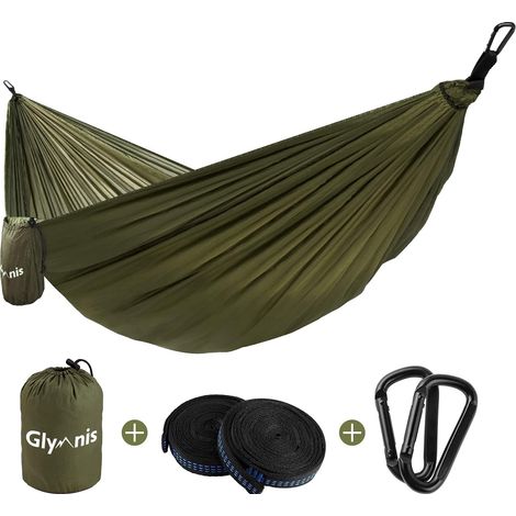 Hamac en nylon ultraléger Glymnis, capacité de charge 300 kg, 300 x 200 cm, avec 2 sangles en nylon et 2 mousquetons (camping, voyage, extérieur, jardin) – Vert (1/5)
