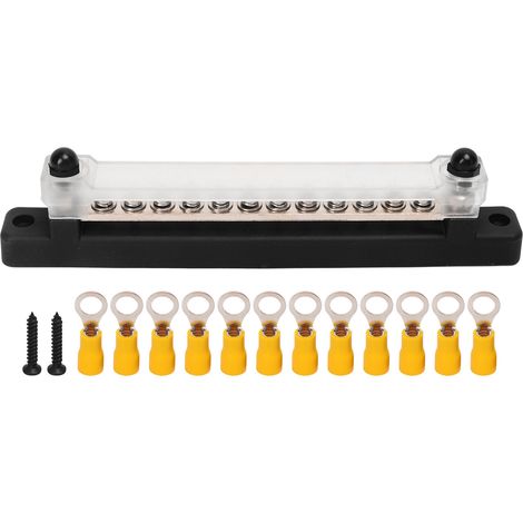12-poliger Stromverteilerblock, 2xM6-Pfosten, 12xM4-Schraubklemmen für Batterien, geeignet für Autos, Wohnmobile, Schiffe und Yachten (SCHWARZ).
