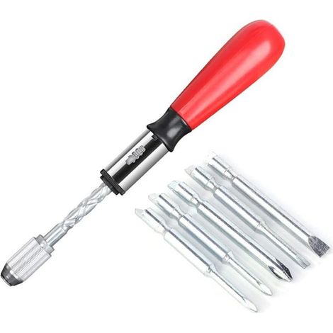 Tournevis en Spirale, Tournevis à cliquet Push Pull, Jeu de Tournevis à cliquet Push Pull 6 en 1 Type de Presse Semi-Automatique (Rouge) (1/5)
