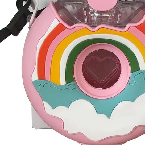 Donutförmige Wasserflasche, 380 ml, niedlich, auslaufsicher, tragbar, BPA-frei, aus PC-Silikon, 145 x 145 mm, mit Kordel, Reise-Wasserflasche, Regenbogenrosa. (1/4)