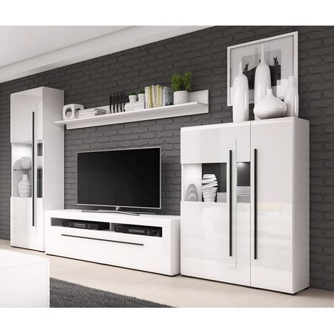 Meublorama – Ensemble de meubles de salon BREDA – Vitrine 1 porte avec LED – Vitrine XL 2 portes – Meuble TV avec tiroir – Finition blanc mat et brillant (1/5)