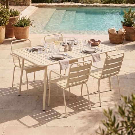 Ensemble table de jardin + 4 fauteuils en métal crème - BACA (1/5)