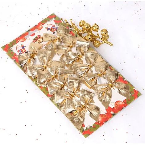 Lot de 12 nœuds dorés - 5 cm - Pour sapin de Noël - Décoration de Noël (1/4)