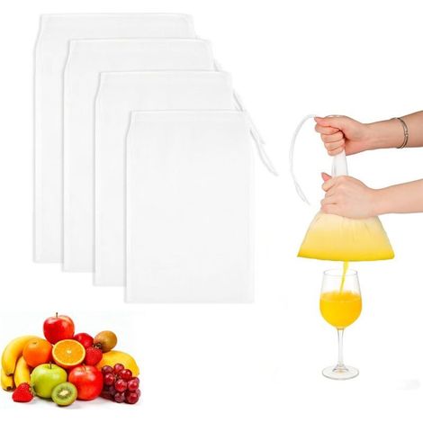 Sac a Lait Vegetal Réutilisable - Lot de 4 Sac Filtrant en Nylon Alimentaire avec Cordon Etamine Alimentaire Ultra Fine pour Lait d'Amande Jus de Fruits Café Fromage et Tamis Cuisine (1/5)