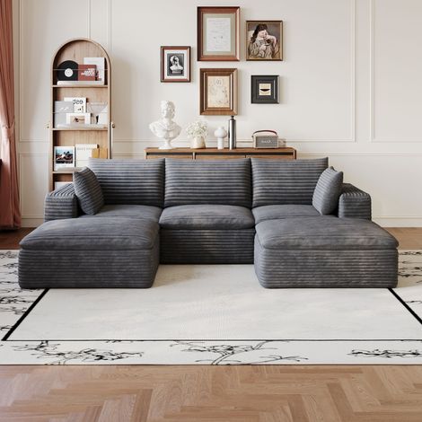 Modulares, U-förmiges Kompaktsofa, 260 cm, aus dunkelgrauem Cord, abnehmbares Sitzkissen, keine Montage erforderlich, inklusive 2 Hockern