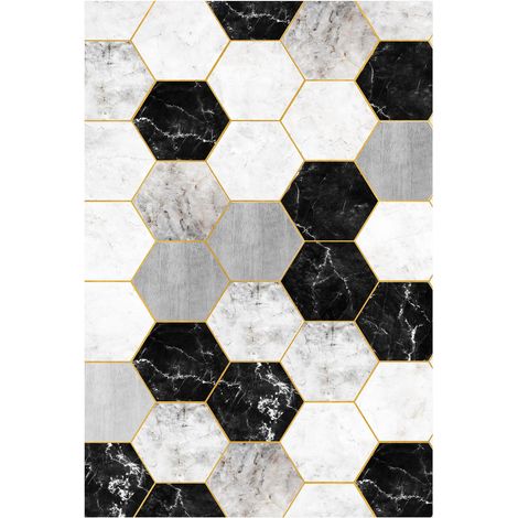Modern Abstract Low-Pile Rug � Non-Slip & Machine Washable Floor Carpet for Living Room, Bedroom & Hallway � Neutral Short Shag Design HEXAGON RUG 200280CM BLACK (1/5)